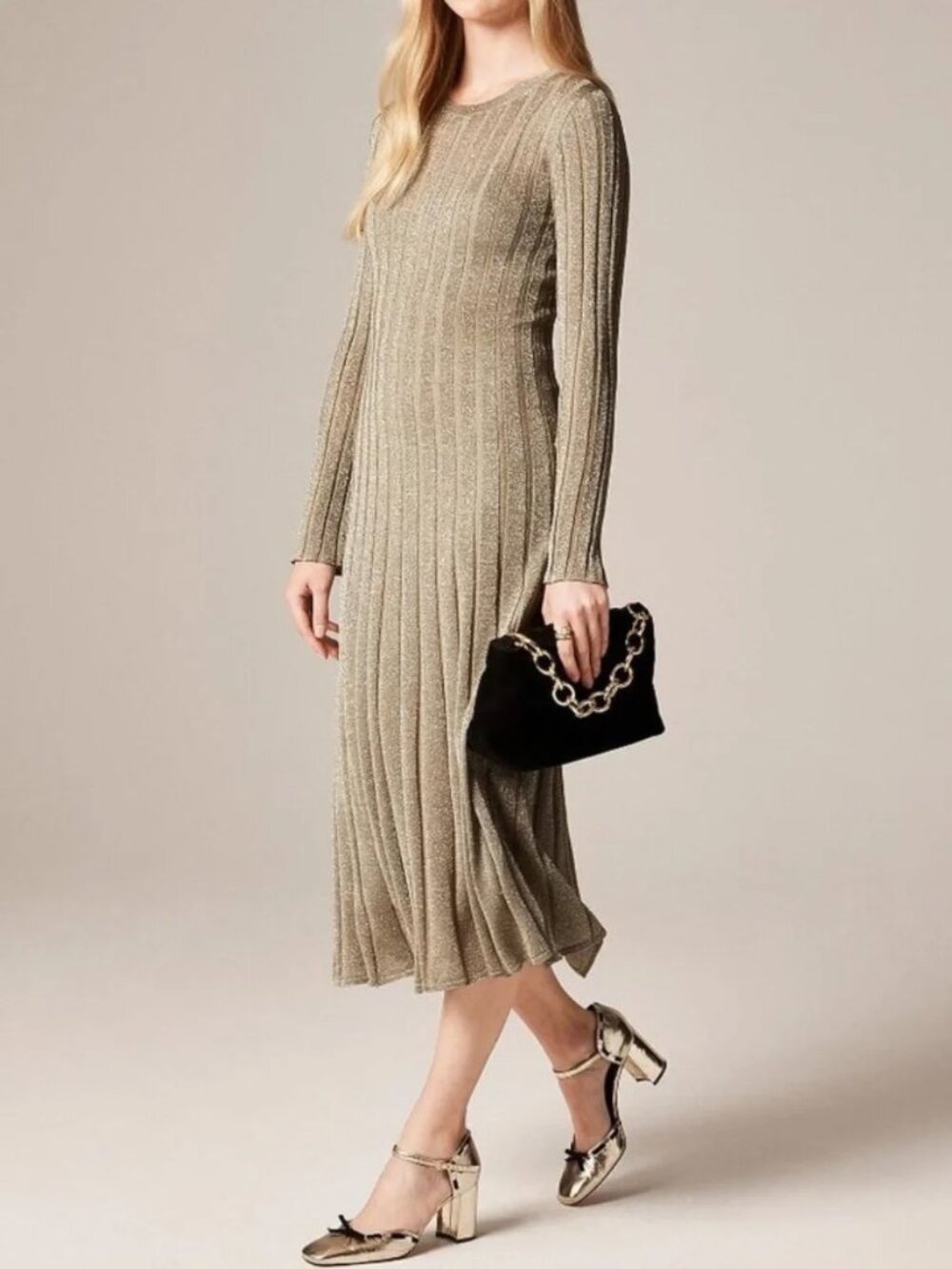 J.Crew Gold Rib-Knit Flare Midi Dress Lurex® Metallic Threads Size XL